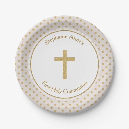 Communion Beige with Gold Polka Dots Paper Plates