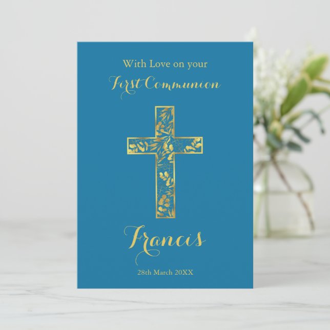 Communion blue gold cross boys  card (Standing Front)