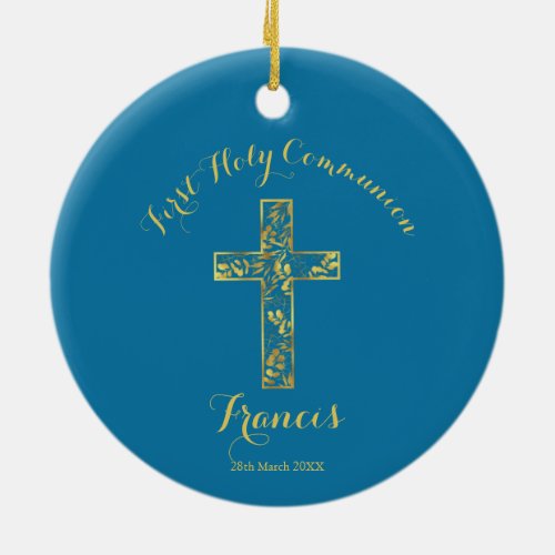 Communion blue gold cross boys ceramic ornament