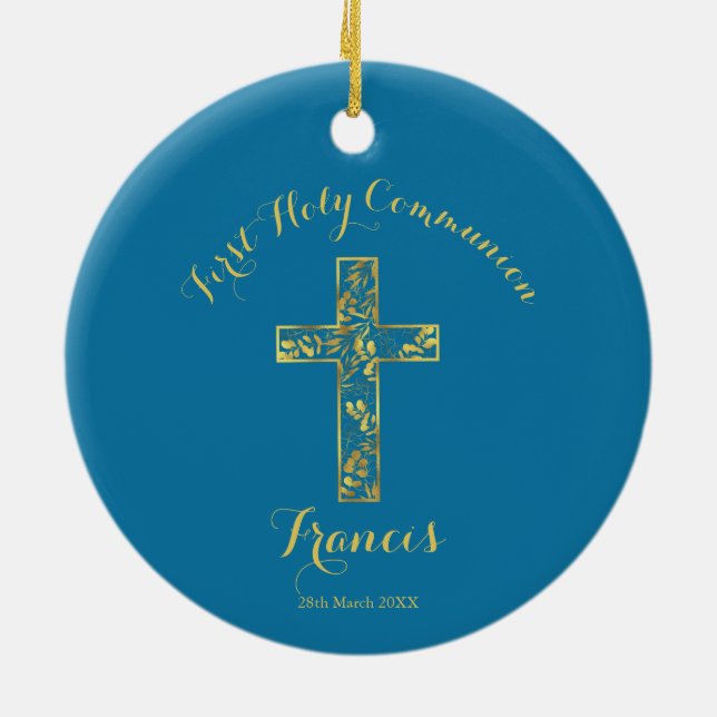 Communion blue gold cross boys ceramic ornament (Back)