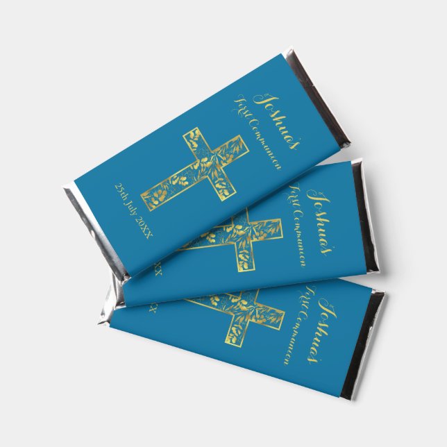 Communion blue gold cross boys  hershey bar favors (Front)