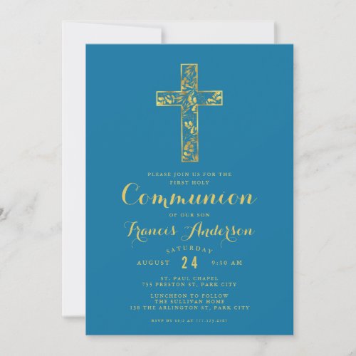 Communion blue gold cross boys invitation