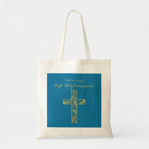 Communion Blue Gold Cross  Tote Bag