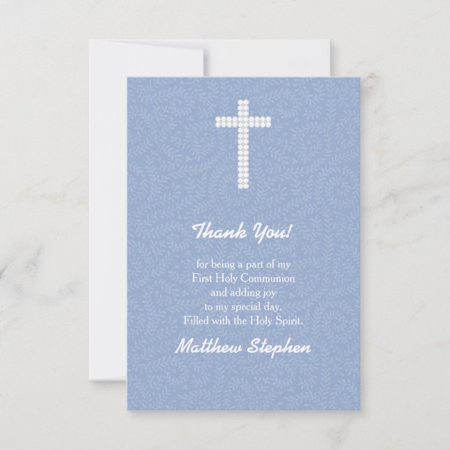 Communion Blue Vines and Stripes Thank You Card (Front)