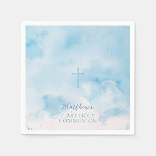 Communion Blue Watercolor Leaves and Cross Napkins