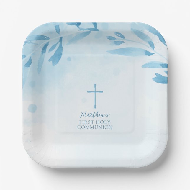 Communion Blue Watercolor Leaves and Cross  Paper Plates (Front)