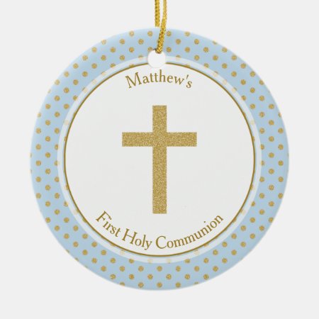 Communion Blue With Gold Polka Dots Ceramic Ornament