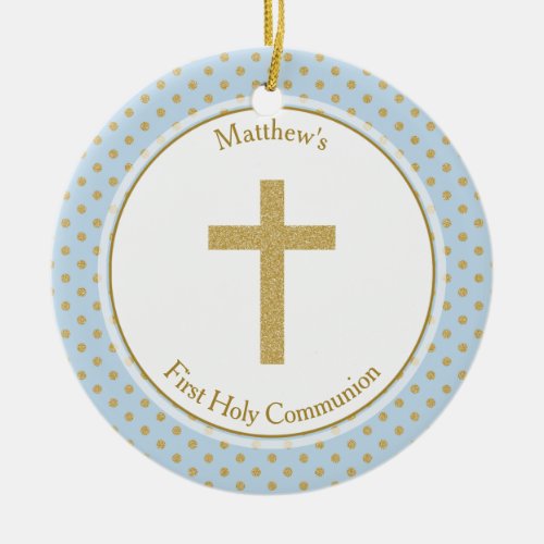 Communion Blue with Gold Polka Dots Ceramic Ornament