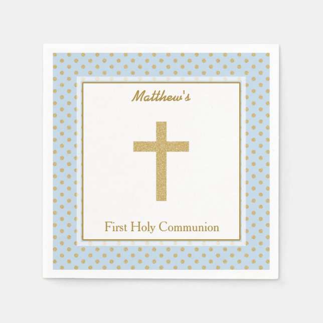Communion Blue with Gold Polka Dots Napkins (Front)