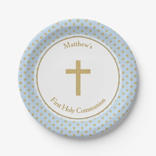 Communion Blue with Gold Polka Dots Paper Plates