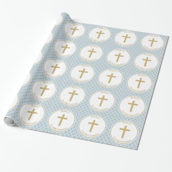 Communion Blue With Gold Polka Dots Wrapping Paper by LifesSweetBlessings at Zazzle