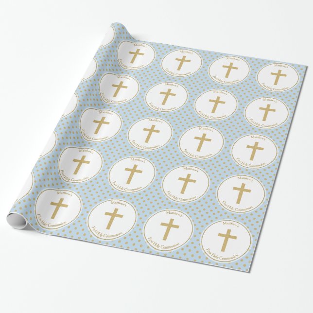 Communion Blue with Gold Polka Dots Wrapping Paper (Unrolled)