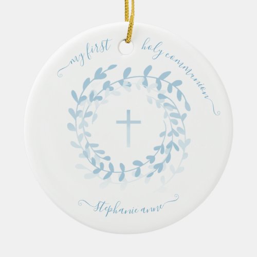 Communion Blue Wreath and Cross Ceramic Ornament