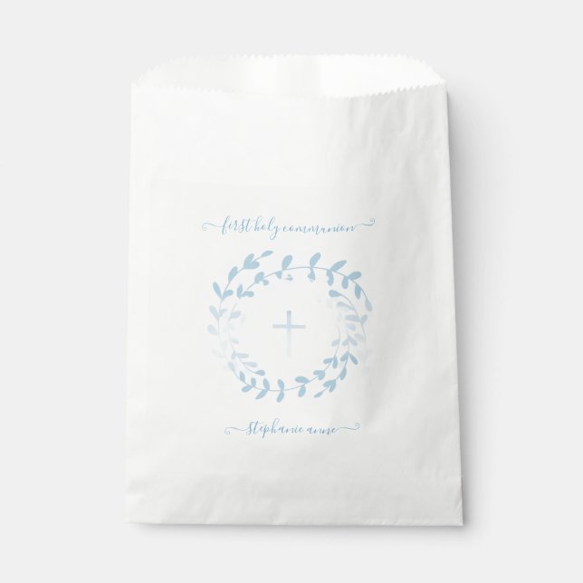 Communion Blue Wreath and Cross Favor Bag (Front)