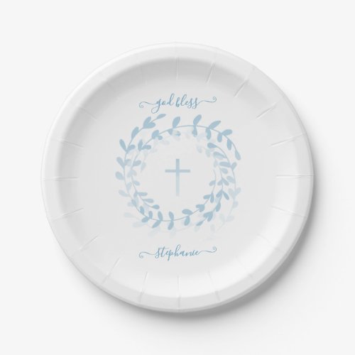 Communion Blue Wreath and Cross Paper Plates