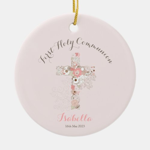 Communion blush pink floral cross ceramic ornament