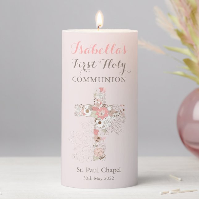 Communion Blush Pink Floral Cross Girl Name  Pillar Candle (In Situ)