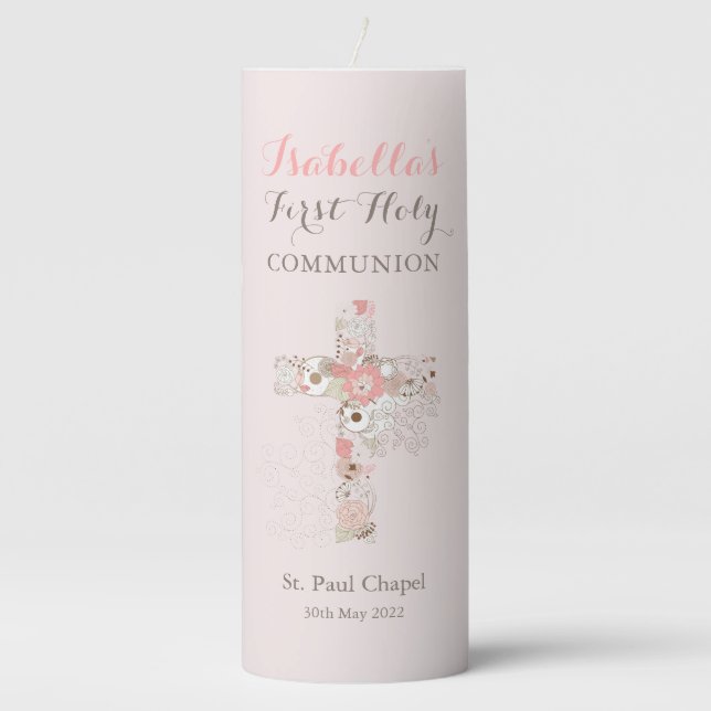 Communion Blush Pink Floral Cross Girl Name   Pillar Candle (Front)