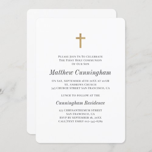 Communion Boy Minimalist with Faux Gold Cross Invitation