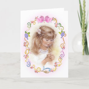 Communion, confirmation girl with flowers card