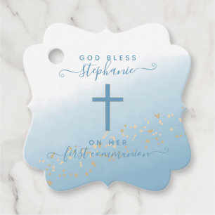 Communion Cross Blue Watercolor Favor Tags