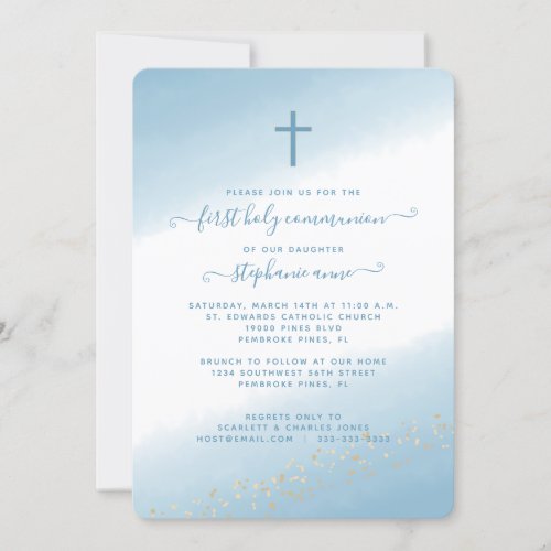 Communion Cross Blue Watercolor Invitation