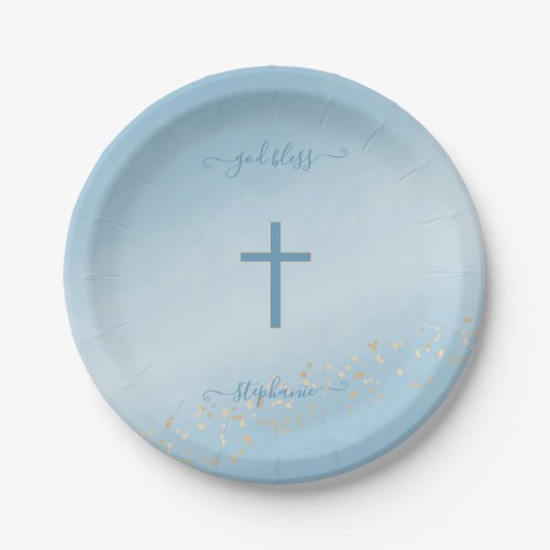 Communion Cross Blue Watercolor Paper Plate