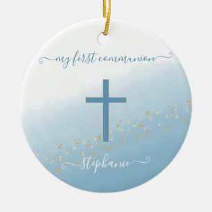 Communion Cross Blue Watercolor Prayer Ceramic Ornament