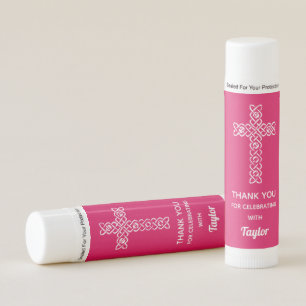 Communion Cross Bright Pink Thank You Favors Lip Balm