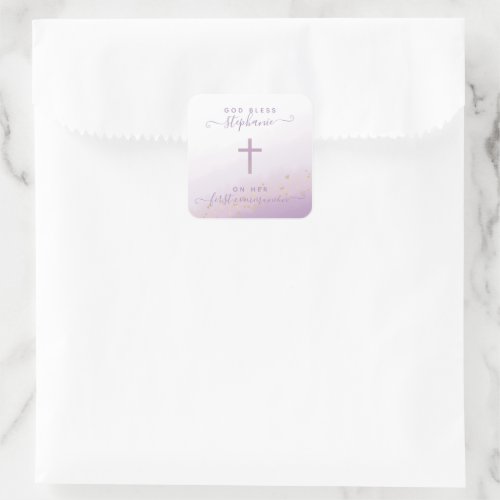 Communion Cross Lavender Watercolor Square Sticker