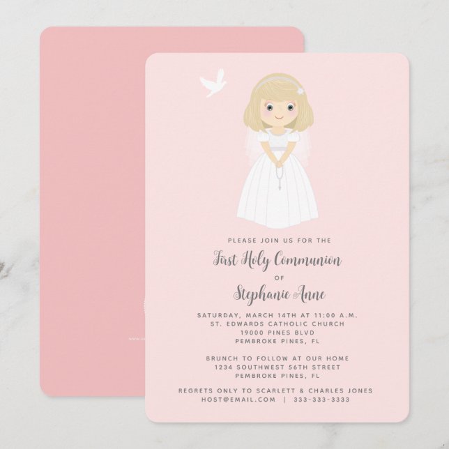 Communion Dove Blonde Girl Invitation (Front/Back)