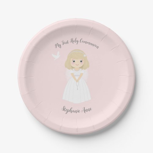 Communion Dove Blonde Girl Paper Plates