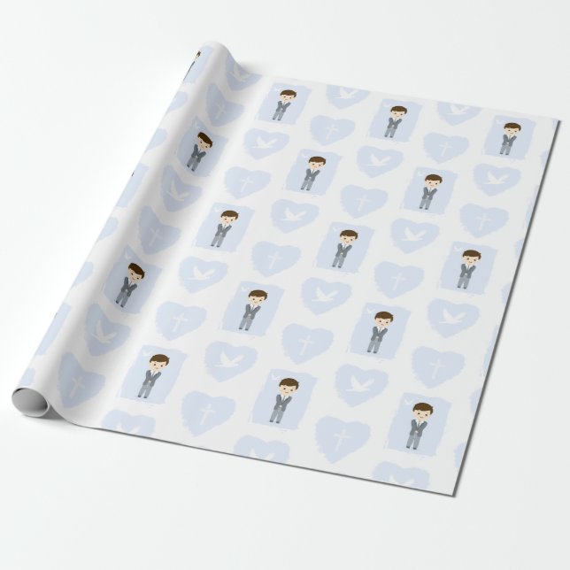 Communion Dove Brunette Boy Wrapping Paper (Unrolled)