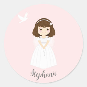 Communion Dove Brunette Girl Classic Round Sticker