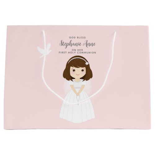 Communion Dove Brunette Girl Large Gift Bag