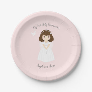Communion Dove Brunette Girl Paper Plates