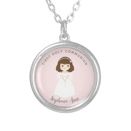 Communion Dove Brunette Girl Silver Plated Necklace