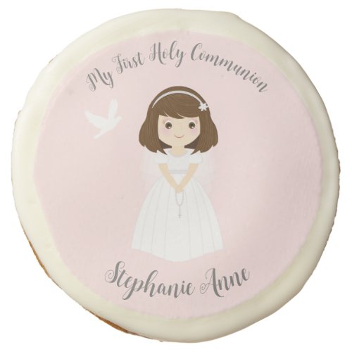 Communion Dove Brunette Girl Sugar Cookie