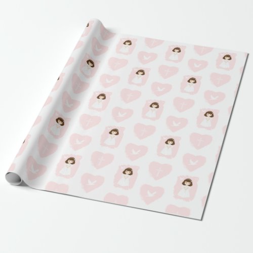 Communion Dove Brunette Girl Wrapping Paper