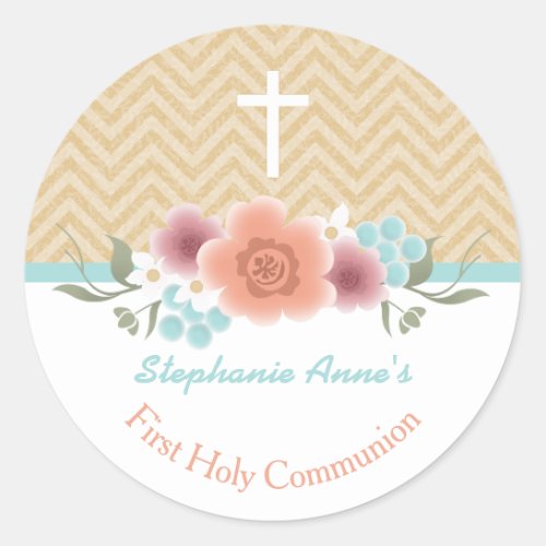 Communion Floral Swag in Gold and Aqua Classic Round Sticker