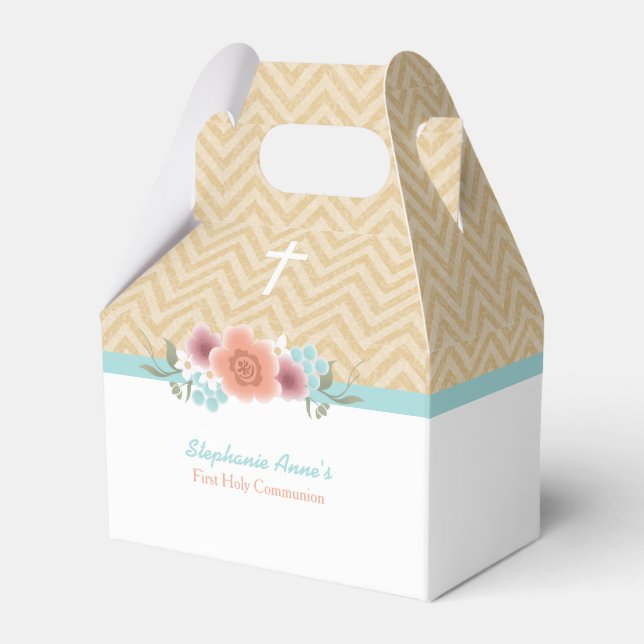 Communion Floral Swag in Gold and Aqua Favor Boxes (Front Side)