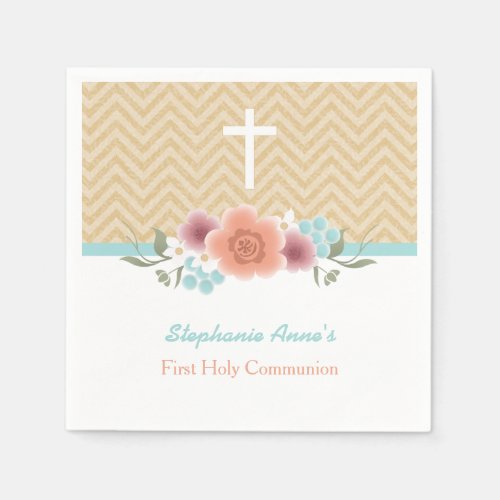 Communion Floral Swag in Gold and Aqua Napkins