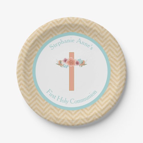 Communion Floral Swag in Gold and Aqua Paper Plates