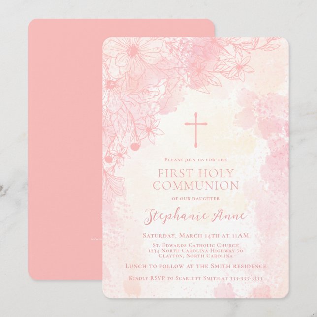 Communion Flowers Pink Watercolors Invitation (Front/Back)