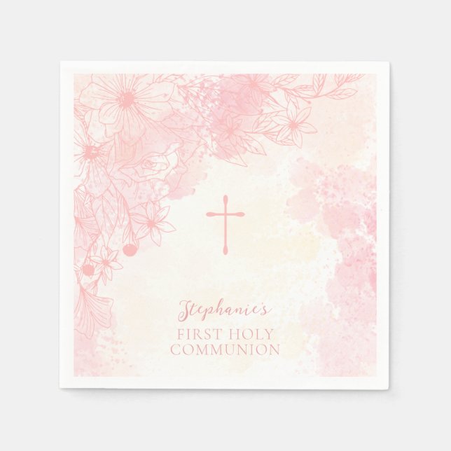 Communion Flowers Pink Watercolors Napkins (Front)