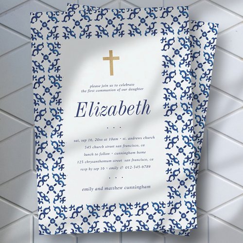 Communion For Her Blue Mediterranean Tiles Invitation