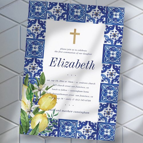 Communion For Her Lemon Foliage Mediterranean Tile Invitation