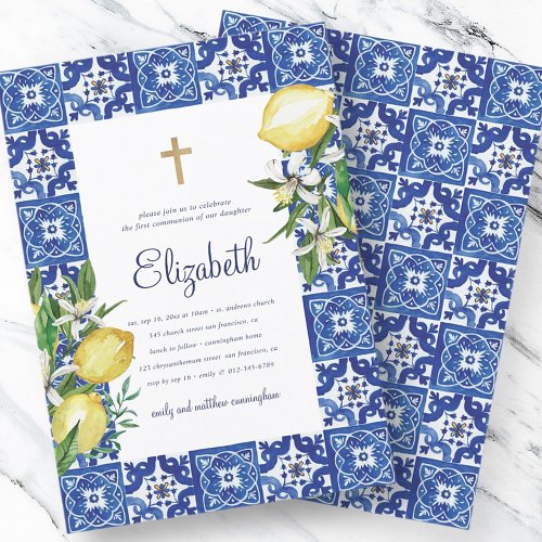 Communion For Her Lemon Foliage Mediterranean Tile Invitation