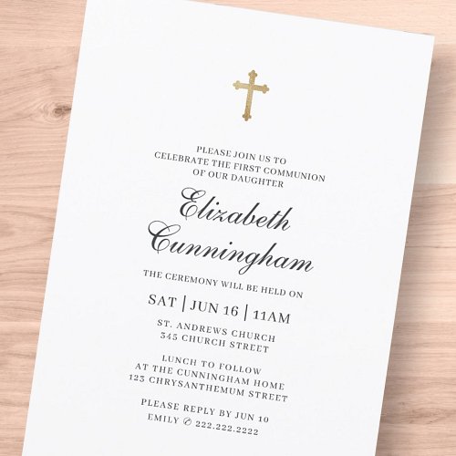 Communion For Her Minimalist with Faux Gold Cross Invitation