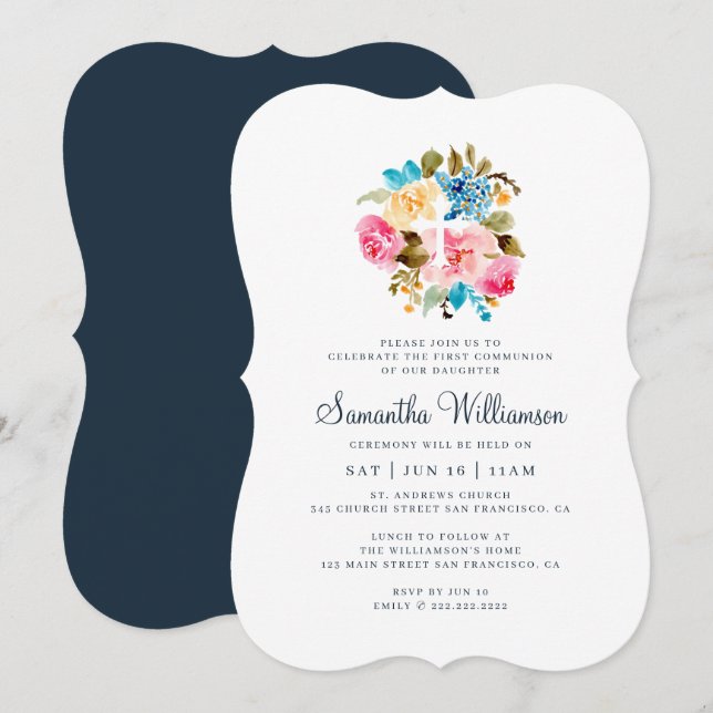Communion For Her Watercolor Floral Cross Invitation (Front/Back)